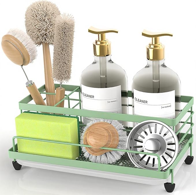 Cisily Sage Green Sponge Holder for Kitchen, Sink Caddy Sink Organizer Rack for Kitchen Accessories with Drip Tray, Rustproof and Non-slip, Soap Dispenser Countertop Organizer Essentials for New Home