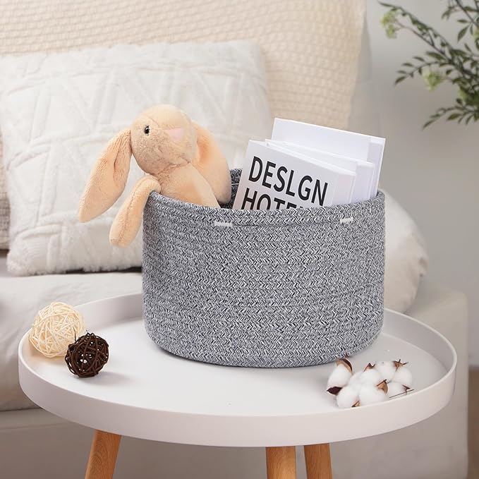 Small Basket for Organizing | Cube Shelf Closet Storage Baskets | 9.7×9.7×7.1” | Woven Rope Gift Basket | Nursery | Round 3 Packs Mixed Grey
