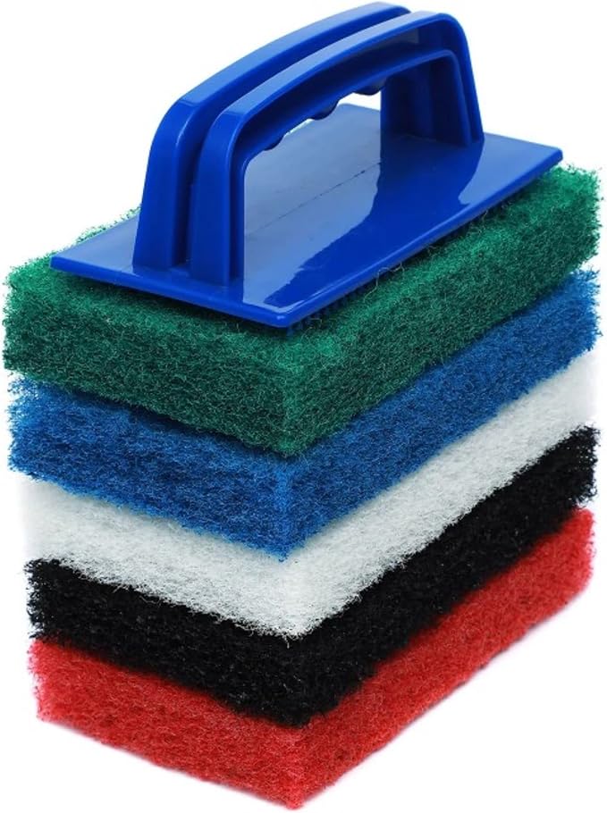 6pcs Scrubbing Pad Kit Interchangeable Reusable Handle | 5 Different Scrubbing & Scouring Pads: Red, White, Blue, Green, Black | for Bathroom, Kitchen, Grill, Teak, Boat Hull Bottom Cleaning