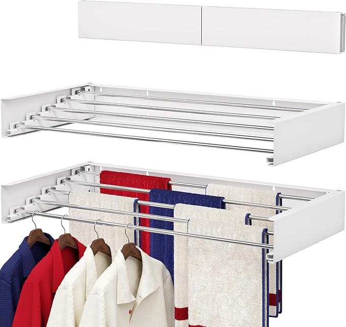 Wall Mounted Drying Rack 31.5", Foldable Laundry Drying Rack with Stainless Steel Rods, Retractable Laundry Space Saver for Indoor & Outdoor Use, Include Wall Template
