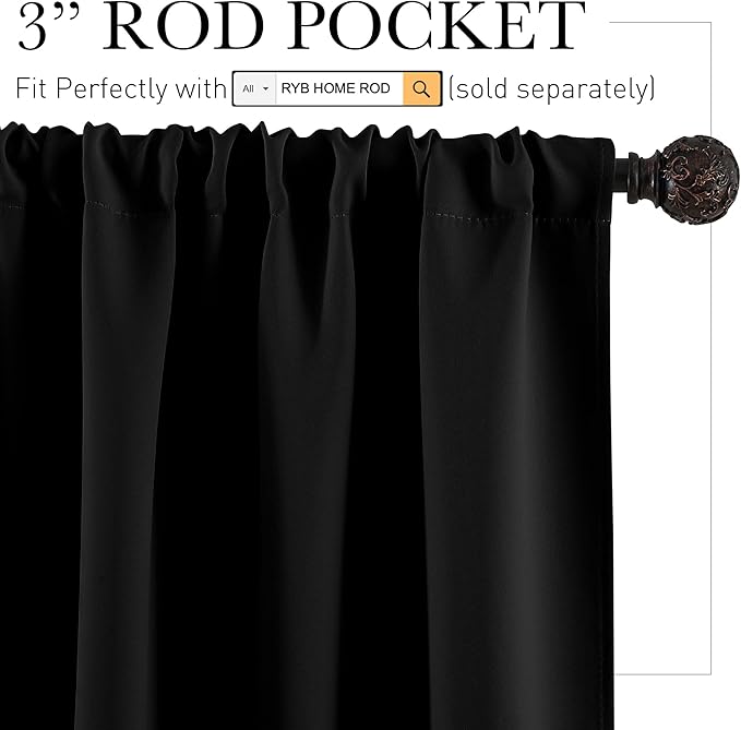 RYB HOME Short Kitchen Window Curtains 30 inches, Blackout Curtains for Girls Bedroom Heavy Duty Privacy Draperies for Camper RV Bathroom, W42 x L 30 inches, Black, 2 Panels