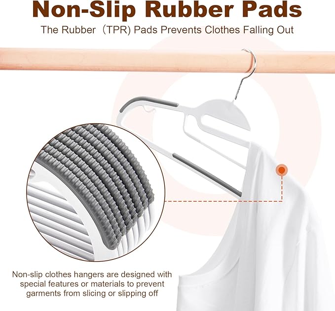 HOUSE DAY White Plastic Hangers 50 Pack, Slim Space Saving, Non Slip Hangers with Rubber Pads, Heavy Duty Coat Hanger for Closet, Prevent Stretching S-Shaped Clothes Hanger for Shirt, Suit, Pants