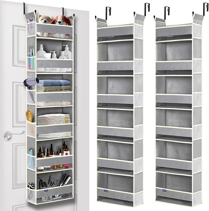 2 Pack Over The Door Hanging Organizer 6-Shelves and 12 Side Pockets, Over The Door Storage for Bathroom and Bedroom, Back of Door Organizers for Baby Products and Kid's Toys(13"x5"x54" Grey)