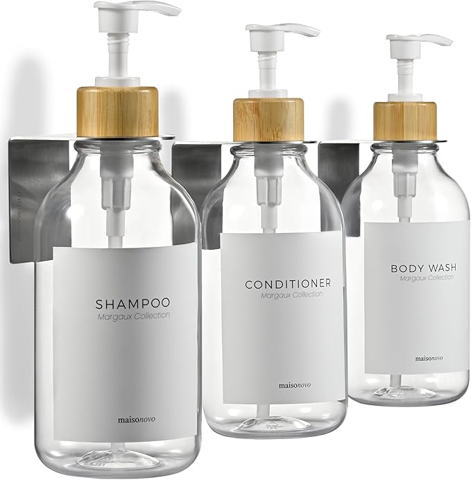 MaisoNovo Shampoo and Conditioner Dispenser - Shower Soap Dispenser Wall Mounted - 16.9 fl oz Set of 3 Clear Plastic Bottles White Bamboo Pump - Shampoo Dispenser, Shower Dispenser 3 Chamber No Drill