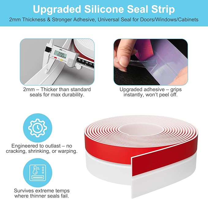 Heavy-Duty 36 ft x 3 in Weather Stripping, Extra Thick 2mm Door Draft Stopper Silicone Seal Strip for House and Glass Shower Doors for Collision and Side Gaps of Door and Windows, White