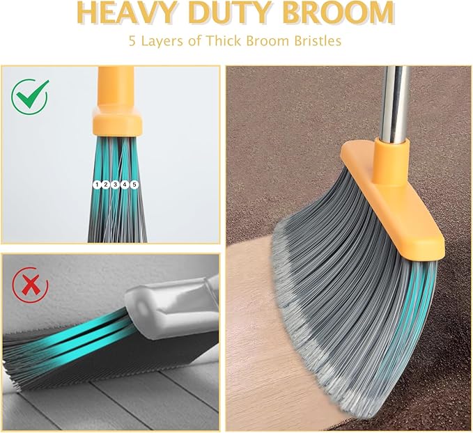 Broom and Dustpan Set, Dustpans with Broom Combo for Home, Heavy Dust Dustpan and Broom Combo, Long Handle Dust Pan and Broom Set for Kitchen, Office, Pet Hair(Gray Yellow)