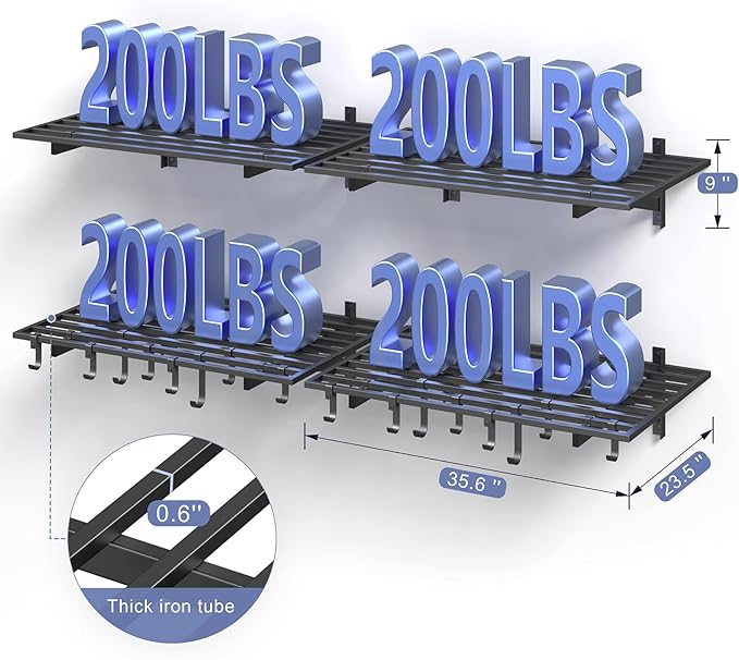 4-Pack 2x3ft Garage Shelving Wall Mounted, 2' x 3' Heavy Duty Garage Storage Shelves with Hooks, 800LB Capacity