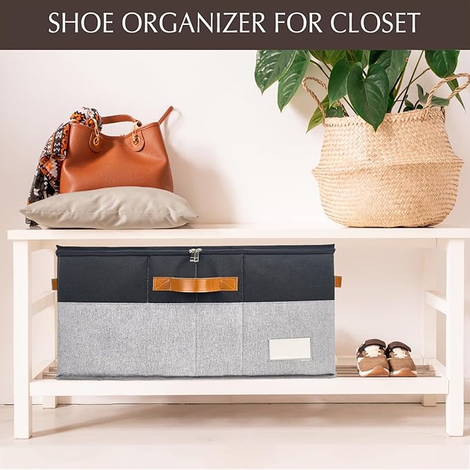 2 Pack Shoe Organizer for Closet, Adjustable Shoe Box Storage Containers, Large Foldable Shoe Bins with Clear Cover, Space Saving Shoes Holder with 4 Handles, Fits 24-48 Pairs, Black