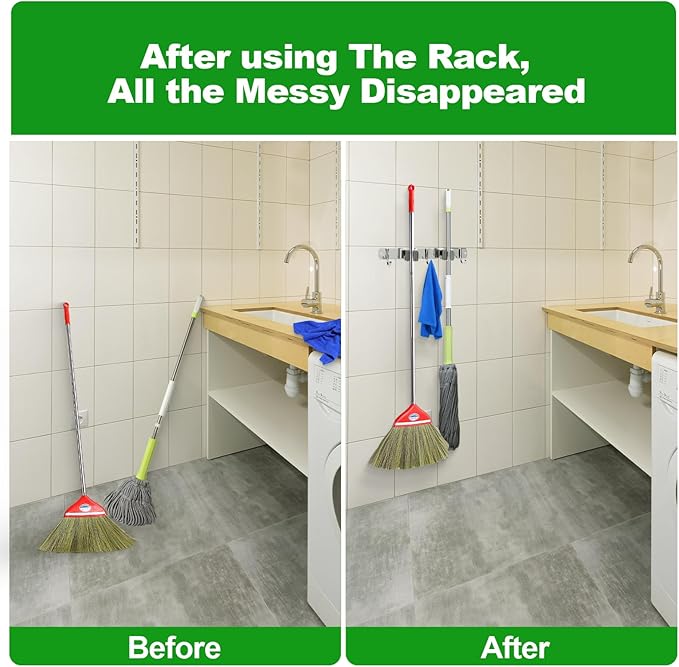 voze 2 Racks and 3 Hooks Mop and Broom Holder Wall Mount, Self Adhesive Heavy Duty Broom Organizer Storage Tool Racks for Kitchen Garden Laundry Garage