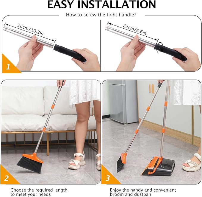 Broom and Dustpan Set with Long Handle, Light Weight Stainless Steel Poles Stand Upright Dustpans with Broom Combo for Home Kitchen Office Pet Dog Hair, Black & Orange Color, 1-Pack