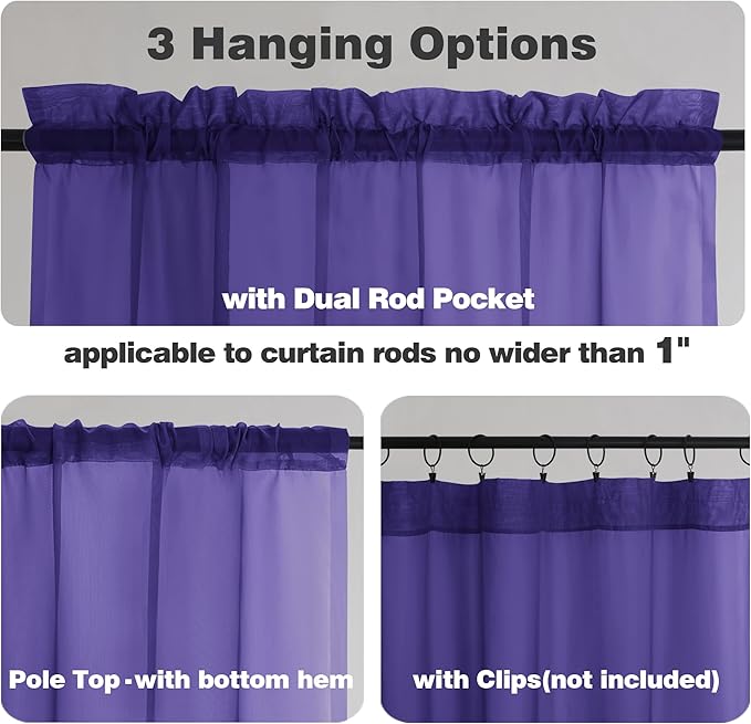 Chyhomenyc Sheer Curtains 63 Inch Length 2 Panels, Light Filtering Rod Pocket Window Sheer Curtain Drapes for Bedroom Living Room, 42Wx63L, 2 Panels, Purple