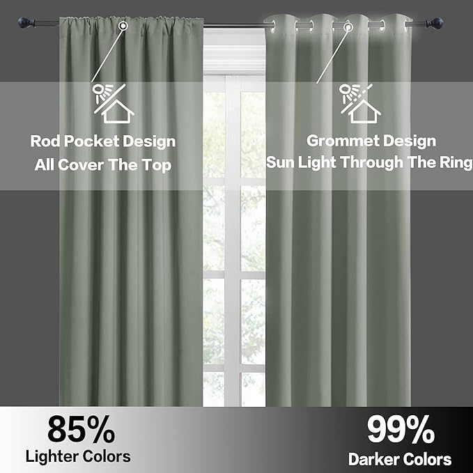 RYB HOME Living Room Curtains Blackout - Light Block Energy Efficiency Small Window Treatment Drapes for Kitchen Dining Baby Nursery Farmhouse Decor, W 42 x L 72 inch, Sea Green, 2 Panels