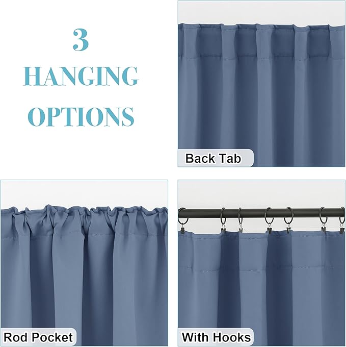 RYB HOME Room Darkening Curtains for Bedroom, Thermal Insulated Back Tab Window Treatment Blackout Privacy Shades for Stuido Living Room Kitchen, Stone Blue, W42 x L72 inch, 2 Panels