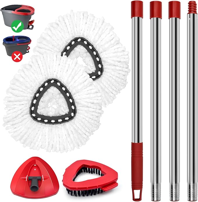 Spin Mop Handle Mop Heads Mop Base Mop Scruby Brush Replacement Sets Combo Compatible with Ocedar EasyWring 1 Tank Spin Mop System (1 Sets Stainless Steel Mop Handle +2 White Heads +1 Base +1 Brush)