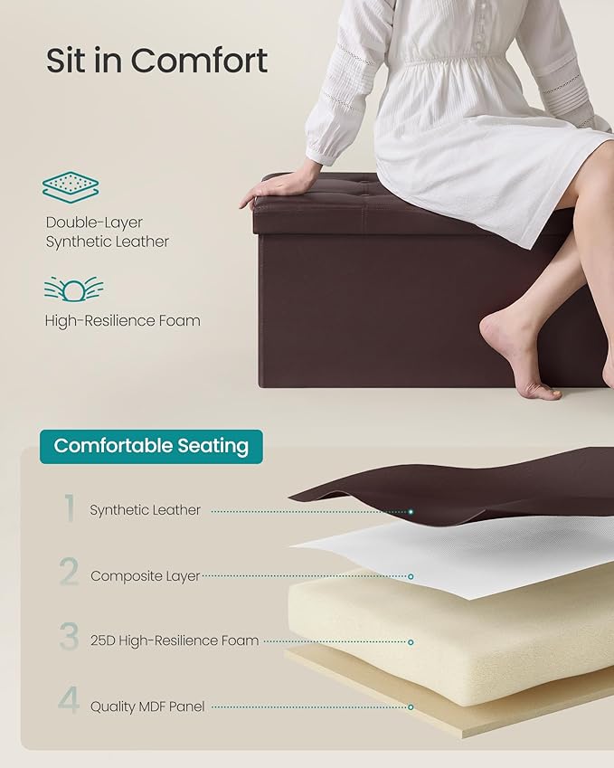 SONGMICS MAZIE Collection - 43 Inches Folding Storage Ottoman Bench, Ottoman with Storage, Foot Rest Stool, Load 660 lb, for Living Room, Synthetic Leather, Brown ULSF703