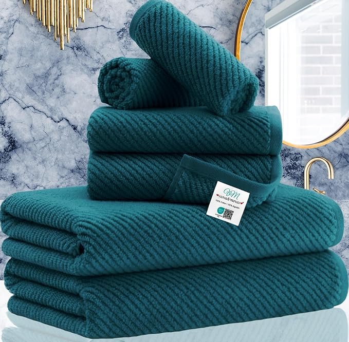 Bathroom Towels, 6 Piece Towel Set - Cotton | Soft | Quick Dry | Thick | Lightweight, 2 Large Bath 30"x56", 2 Hand 18"x28", 2 Washcloths 13"x13", Guest Towel Set, Deep Turquoise Gift Towel, Dark Teal