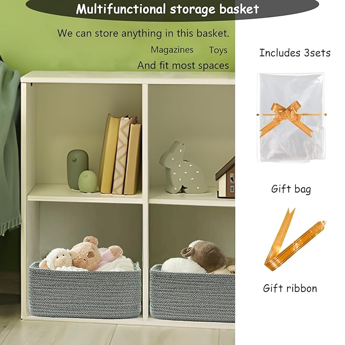 COMFY-HOMI 11.5"x7.5"x4.7" Storage Baskets for Organizing | Cotton Rope Woven Basket | Toy Storage Bin Box | Basket for Shelves, Closet Organizer Bin, Decorative Closet Shelf, 3 Pack, Green
