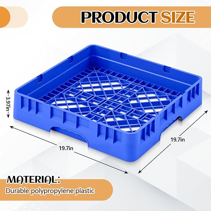 Commercial Dishwasher Tray Rack Polypropylene Full Size Flatware Rack for Bowls Plates Knives Forks Cups(19.7 x 19.7 x 3.97 Inch,Blue)