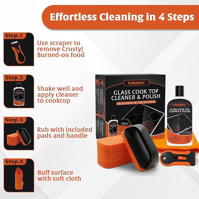Glass Stove Top Cleaner Kit 12 oz, Cooktop Cleaner and Polish Non-Abrasive No Scratch Removes Tough Stains, with Scrubbing Pad, Handle, Scraper, Cloth