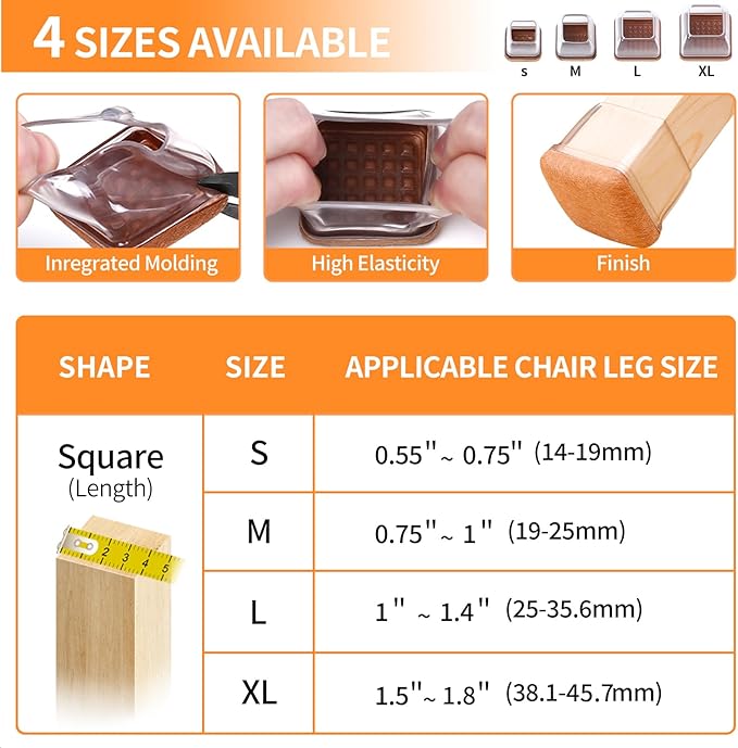 Ezprotekt 8 Pcs Extra Large Square Chair Leg Floor Protectors, Silicone Felt Furniture Pads for Hardwood Floor, Dining Table Bar Stool Leg Protectors Leg Cups Covers (XL Fit: 1.5" - 2", Clear)