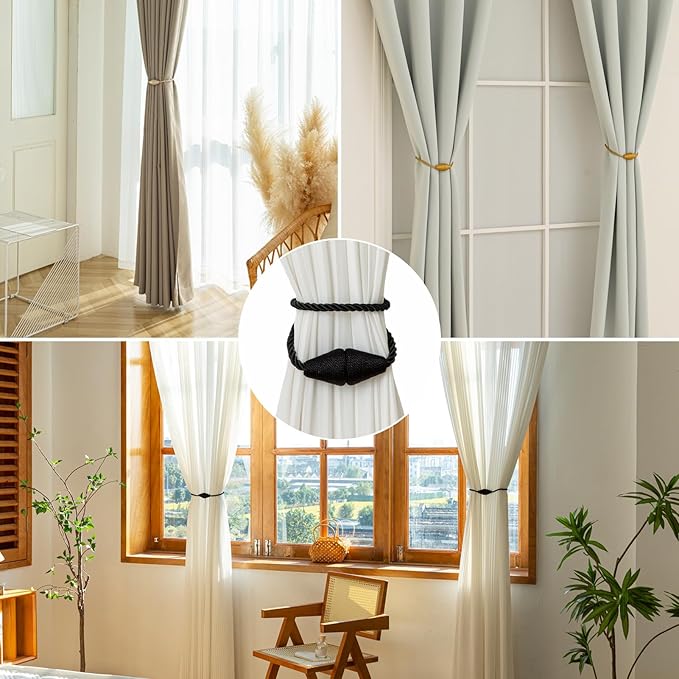 Magnetic Curtain Tiebacks 8 Pack Outdoor Rope Curtain Tie Backs Decorative Window Treatment Holdbacks for Home Decorative Curtain, Black