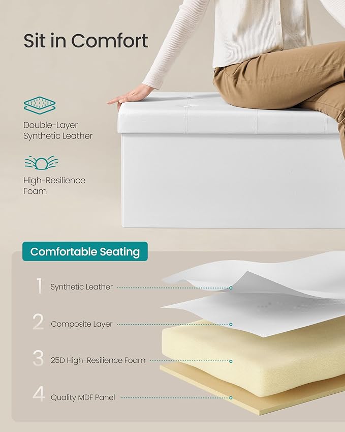 SONGMICS MAZIE Collection - 30 Inches Folding Storage Ottoman Bench, Ottoman with Storage, Foot Rest Stool, Load 660 lb, for Living Room, Synthetic Leather, White ULSF106