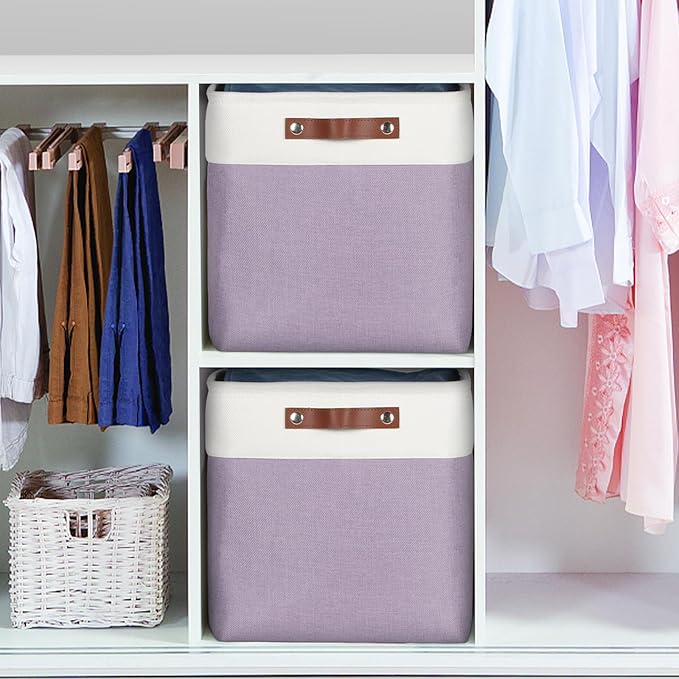 Univivi 13 x 13 x13 Cube Storage Baskets Storage Bins with Hard Bottom|PU Handles for Organizing,Foldable Fabric Storage Bins Decorative Organizer Baskets for Shelves,Closet (Purple)