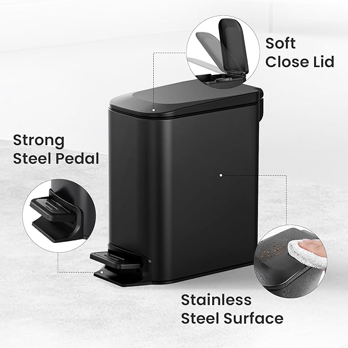 Cesun Small Bathroom Trash Can with Lid Soft Close, Step Pedal, 6 Liter / 1.6 Gallon Stainless Steel Garbage Can with Removable Inner Bucket, Anti-Fingerprint Finish (Matt Black)