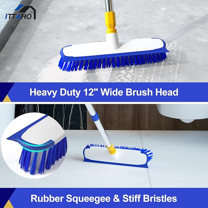 ITTAHO 12" Wide Floor Scrub and Grout Brush Set With Long Extendable Handle - Stiff Bristle Heavy Duty Cleaner for Tile, Deck, Garage, Kitchen, Bathroom