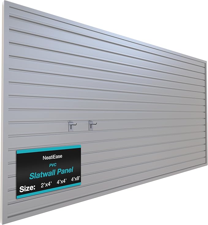 NeatiEase Slatwall Panel Wall Storage Systems, 4 x 8ft Slat Wall Paneling Garage Wall Organizer, Heavy Duty Wall Mounted PVC Wall Rack (Gray)
