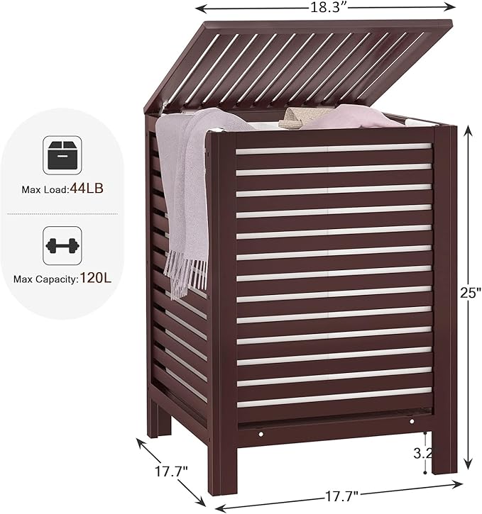 Homykic Bamboo Laundry Hamper with Lid, 120L Large Clothes Laundry Sorter with Removable 2-Section Liner Bag, Raised Laundry Basket Organizer for Clothing, Bathroom, Bedroom, Laundry Room, Espresso