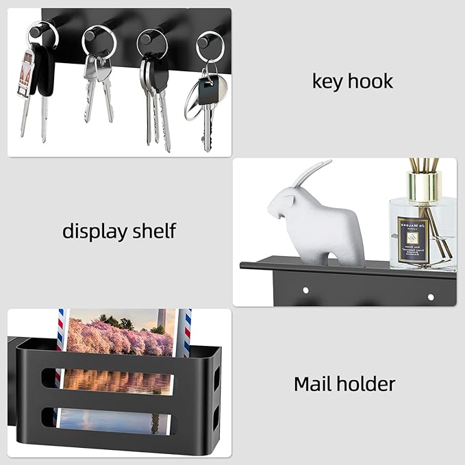 MKO Key Holder for Wall, Mail Organizer Key Rack with Tray, Key Holder Adhesive Wall Mount, 4 Hooks(Black)