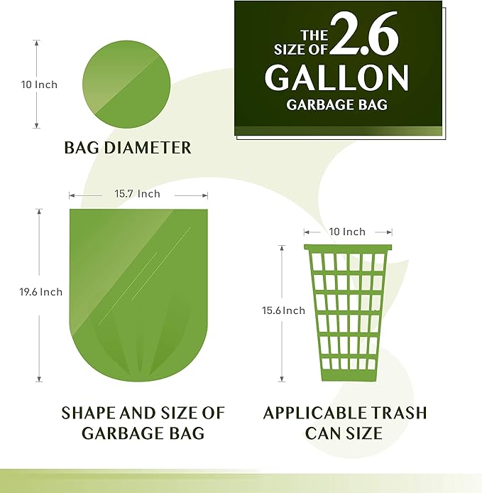 FORID 2.6 Gallon Compostable Garbage Bags, 150 Count, 5 Rolls – Green, Small, Durable, Thick, Unscented Trash Bags, 10 Liter - For Kitchen, Bathroom, Home, Office