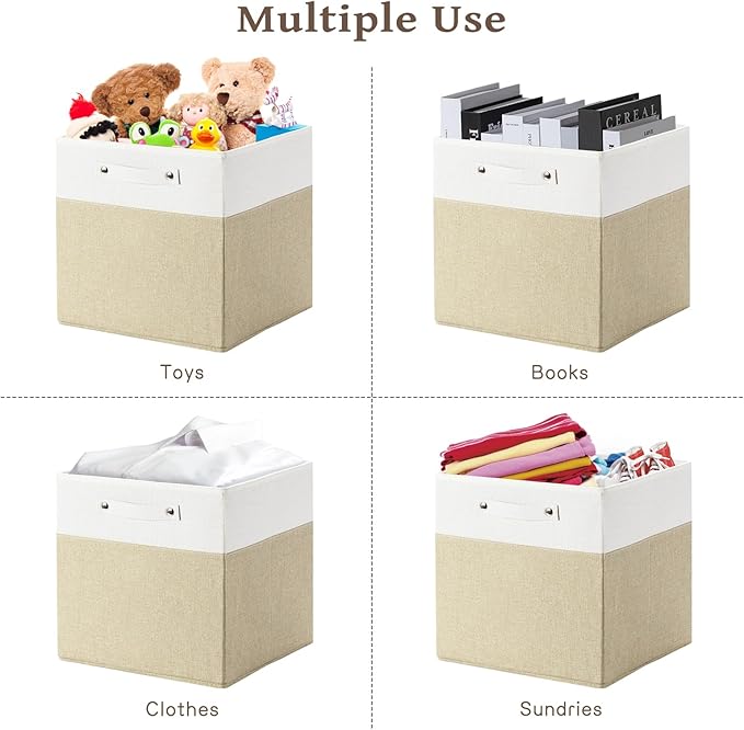 13 x 13 Inch Fine Linen Storage Bins with Handles，Fabric Cube Boxs，Collapsible Basket Organizers for Shelves for Home, Closet Drawers (White/Khaki-4 Pack)