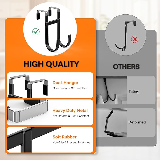 FYY Over The Door Hooks - 2 Pack Heavy Duty Dual-Hook Organizer Hanger with Non-Slip Rubber for Towels, Clothes, Hats & Bags Use in Bathroom, Bedroom, Kitchen - Fits Interior Doors Up to 1 3/8" Black