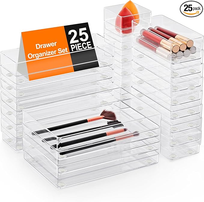 SMARTAKE 25-Piece Drawer Organizer with Non-Slip Silicone Pads, 4-Size Desk Drawer Organizer Trays Storage Tray for Makeup, Jewelries, Utensils in Bedroom Dresser, Office and Kitchen (Clear)