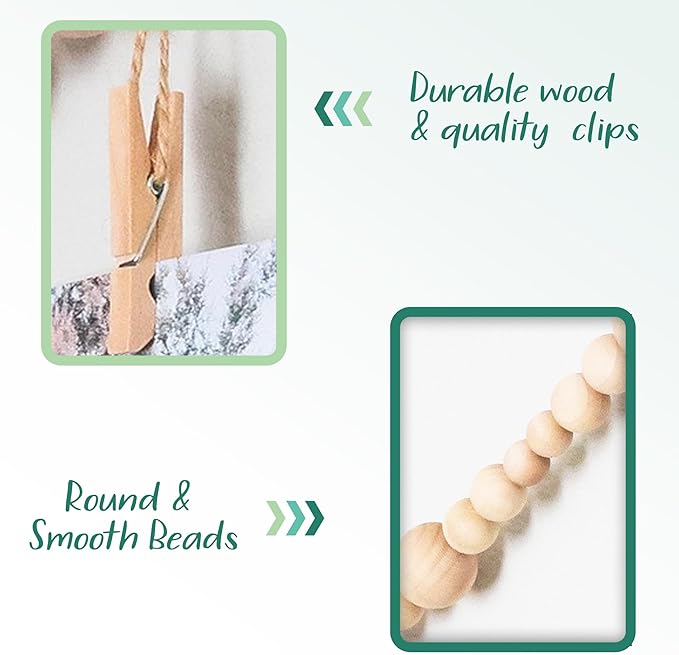 4 Feet Wooden Beads Garland with Clothespins Picture Cards Holder - Country Farmhouse Christmas Nursery Boho Holiday Decorations with Clips