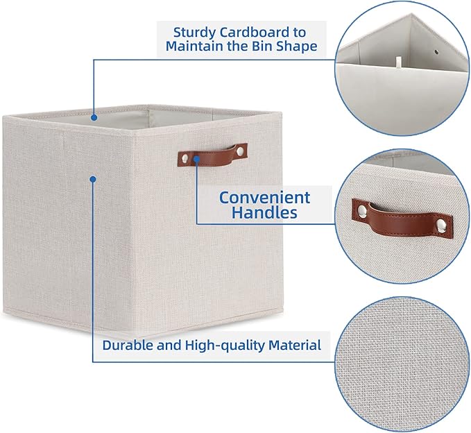 Temary Fabric Storage Cubes Storage Bins with Dual Leather Handles, 4 Pack Cube Baskets 13x13 Foldable Cube Organizers for Shelves, Home, Office, Nursery