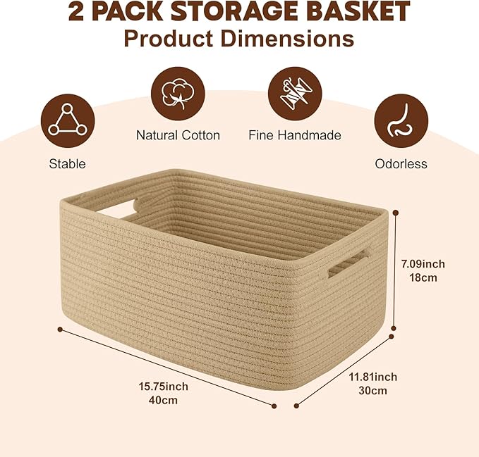 OIAHOMY Storage Basket for Shelves, Closet Cube Storage Bins Baskets for Clothes Blanket Towels, Baby Nursery, Toy Baskets Box, Woven Rope Basket, 15.75*11.81*7.09 ININ, 2 Packs Jute Yellow
