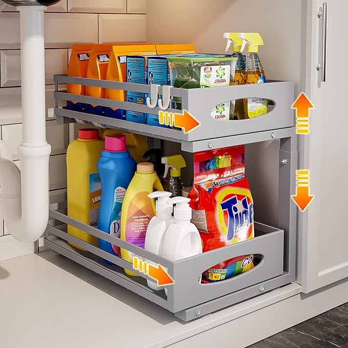 Under Sink Organizer, 2 Tier Under Sink Organizers and Storage, Adjustable Height, Slide Out Metal Cabinet Organizers, Pull Out Cabinet Storage Drawer Shelf for Kitchen Bathroom Gray, 1 Pack