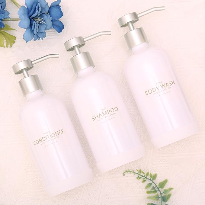 Shampoo and Conditioner Dispenser Set of 3,Refillable 21oz Shampoo Bottles with Non-Slip Protective Silicone Pad,Shower Soap Dispenser with Waterproof Labels for Bathroom (White)