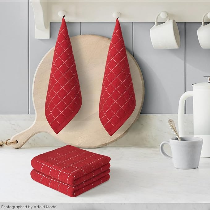 Artoid Mode Checkered Designed Cotton Red Terry Kitchen Dish Cloths, 12x12 Inch Soft Absorbent Quick Drying Cleaning Kitchen Rags Set of 6