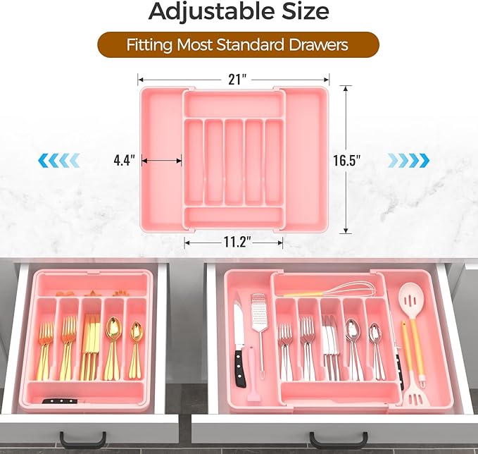 Extra Large Expandable Silverware Organizer, BPA-Free Food-Safe Cutlery Flatware Organizer, Kitchen Utensil Drawer Organizer, Adjustable Silverware Holder for Spoons Forks Knives, Pink