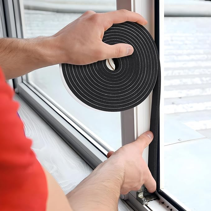 Weather Stripping Door Seal Strip (3/5 Inch X 1/2 Inch X 10Feet), Strong Adhesive, Lightproof, Soundproof, Weatherproof Foam Tape Insulation for Sliding Door, Front Door Frame, Windows- Black