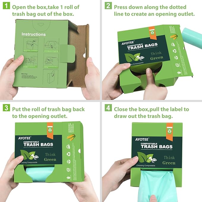Biodegradable 8 Gallon Trash Bags, AYOTEE Garbage Bags 8 gallon, Compostable Medium Trash Bag, Unscented Leak Proof Bag for Office, Home, Bathroom, Bedroom, Car, Kitchen, Pet(Green)