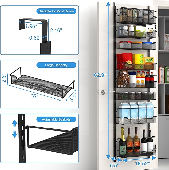 Over the Door Pantry Organizer, 8-Tier Over the Door Organizer with Adjustable Basket, Pantry Door Organization for Pantry Kitchen Storage Room Spice Rack, Black