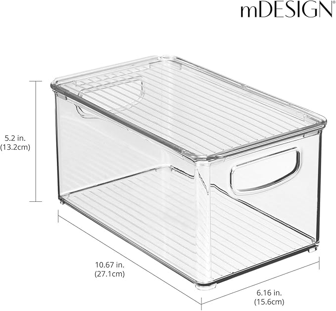 mDesign Plastic Deep Storage Bin Box Container with Lid and Built-In Handles - Organization for Fruit, Snacks, or Food in Kitchen Pantry, Cabinet, or Cupboard, Ligne Collection, 2 Pack, Clear