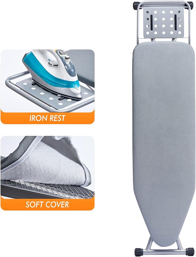 Ironing Board, Heat Resistant Cover Iron Board with Steam Rest, Non-Slip Foldable Ironing Stand. Heavy Sturdy Metal Frame Legs Iron Stand(13 * 34 * 53 Inches) (Silver Gray)