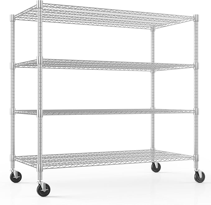 Himimi Storage Shelves with Wheels, 4-Tier Heavy Duty Steel Wire Rack Storage Shelving, Adjustable Metal Storage Shelves for Garage Kitchen Pantry Bathroom Laundry 18" D*60" W*72" H, Silver