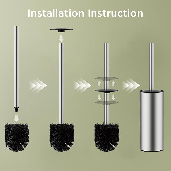 Toilet Brush and Holder Set, Toilet Bowl Brush with Heavy Duty 304 Stainless Steel Base and Extra Long Handle, Toilet Bowl Cleaners Brush for Bathroom (Stainless Steel)